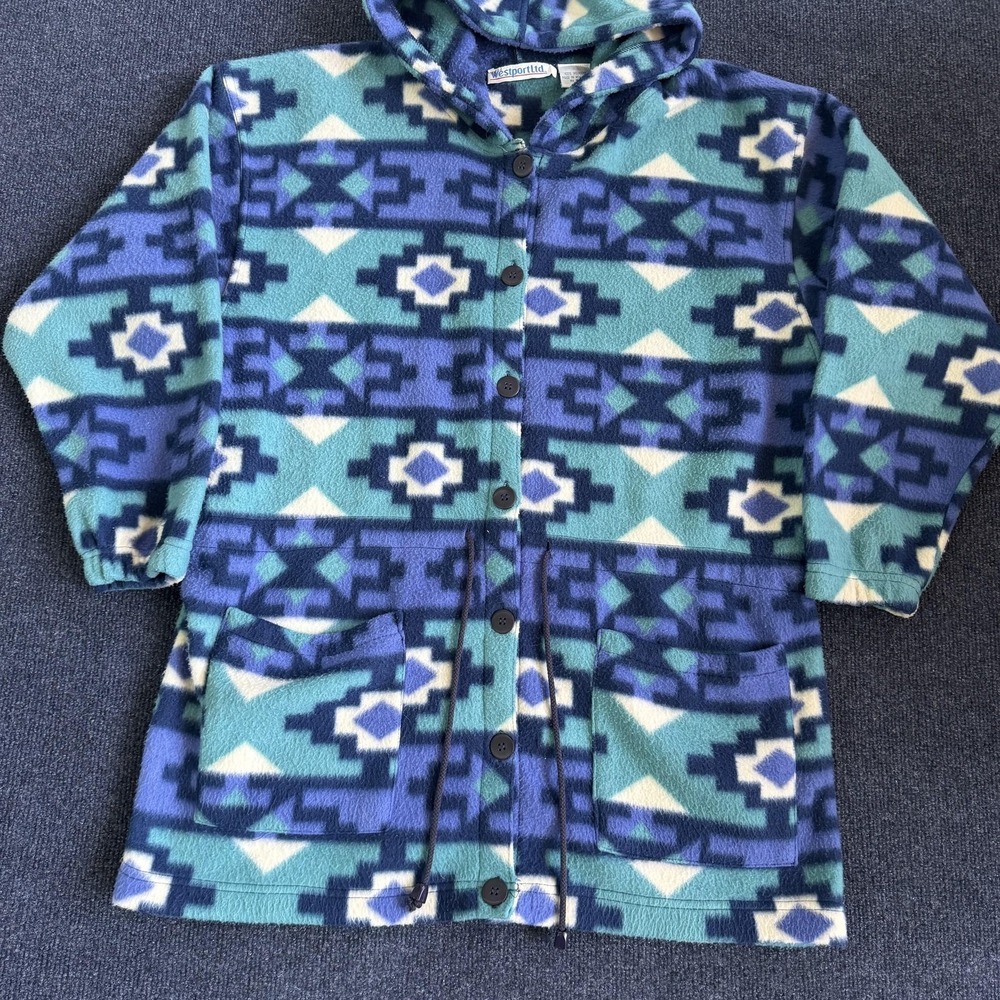 Vintage Westport Ltd Jacket Womens Small Blue Fleece Hooded Button Southwestern